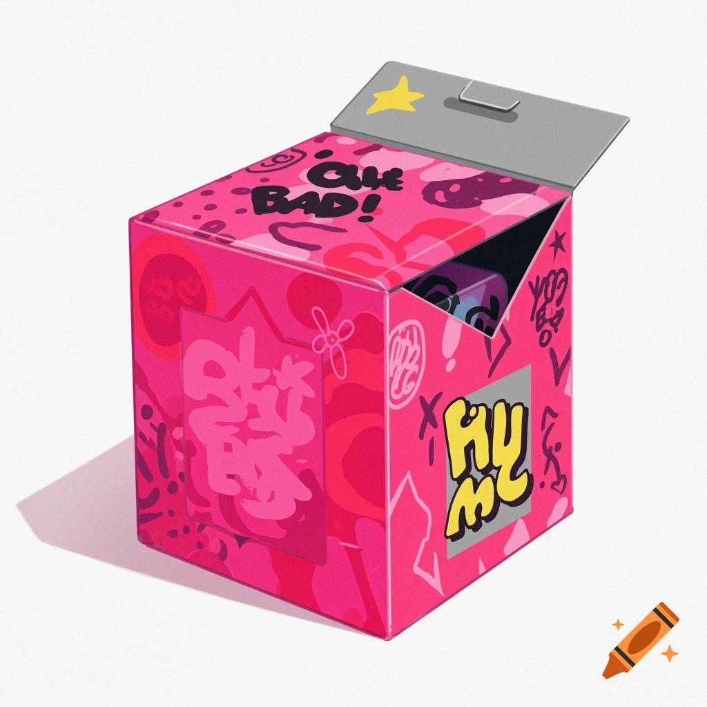 A vibrant pink blind box with graffiti-style patterns and bold text, lid slightly open to reveal contents, in a clean illustration style.