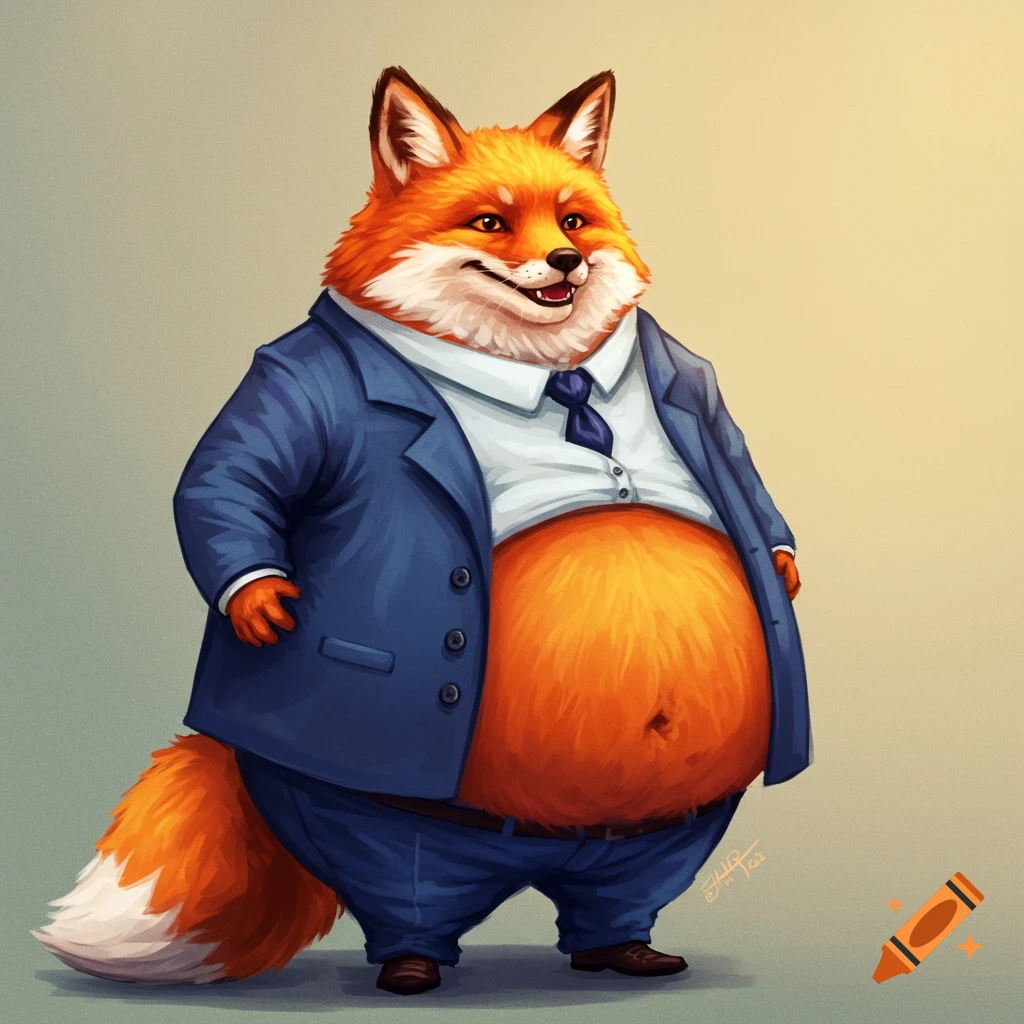 A stylized illustration of a plump orange fox in a blue suit, white shirt, and dark tie, featuring a large belly and small limbs.