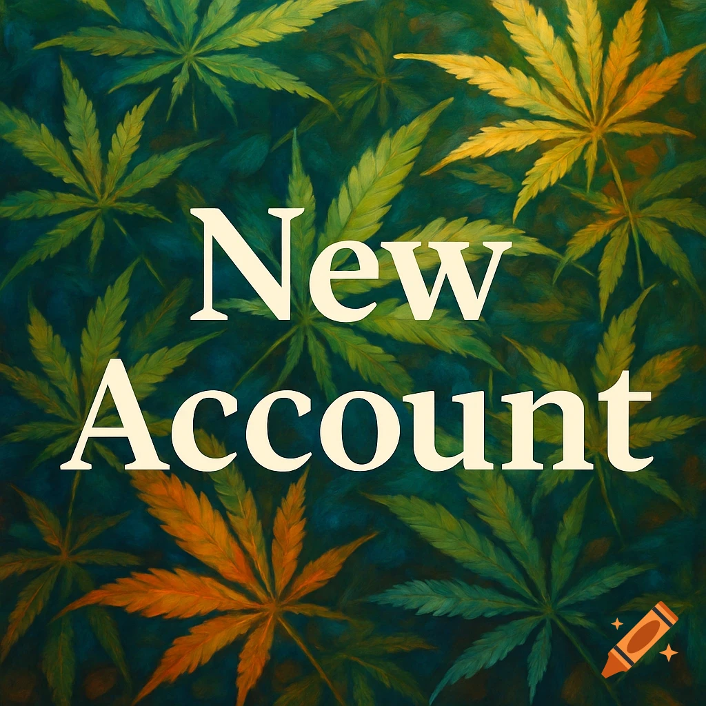 A painterly image of green and yellow cannabis leaves with 'New Account' overlaid in white text.