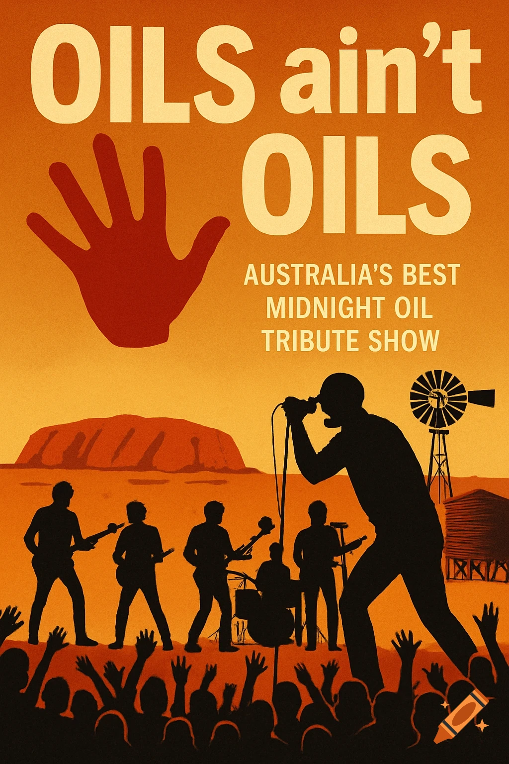 Stylized concert poster with a silhouette band, Uluru, windmill, and red hand against an orange sunset. Text: Oils ain't Oils.