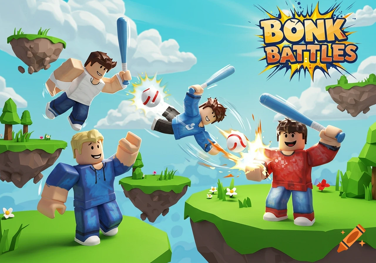 Vibrant Roblox-style game cover featuring characters swinging bats on floating islands, with a 'Bonk Battles' logo.
