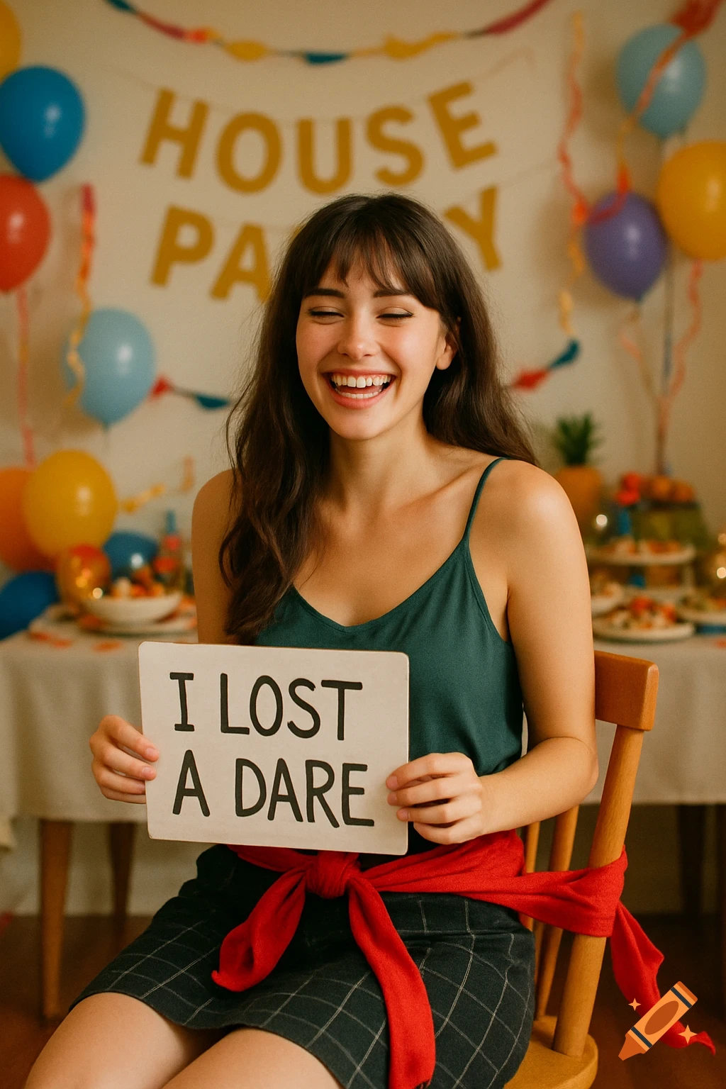 Joyful young woman with a red scarf tied around her and a chair, holding a sign that reads 'I LOST A DARE' at a house party.