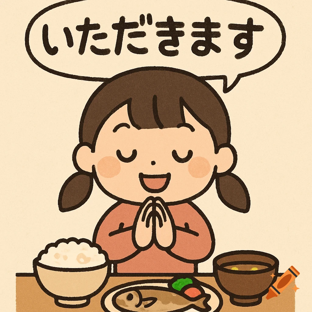 A cartoon girl with pigtails and closed eyes praying over a meal, with a speech bubble above her head saying 'itadakimasu' in Japanese.