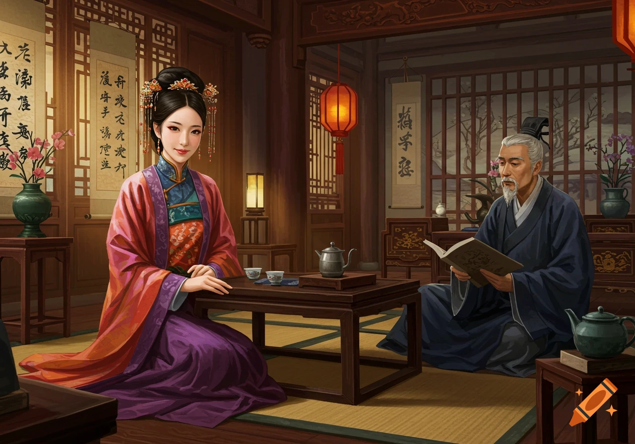 A detailed painting of a woman and an old man in traditional Chinese robes in a wooden room. The woman sits at a low table, and the man reads a book.