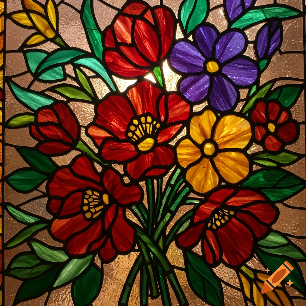 A vibrant stained glass bouquet features red poppies, purple flowers, and yellow blooms on a textured background.