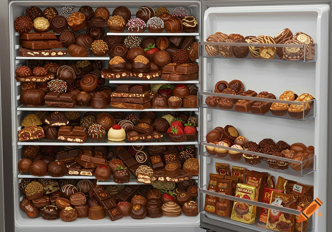 An opened refrigerator filled to the brim with various kinds of chocolates, including truffles, bars, and packaged candies.
