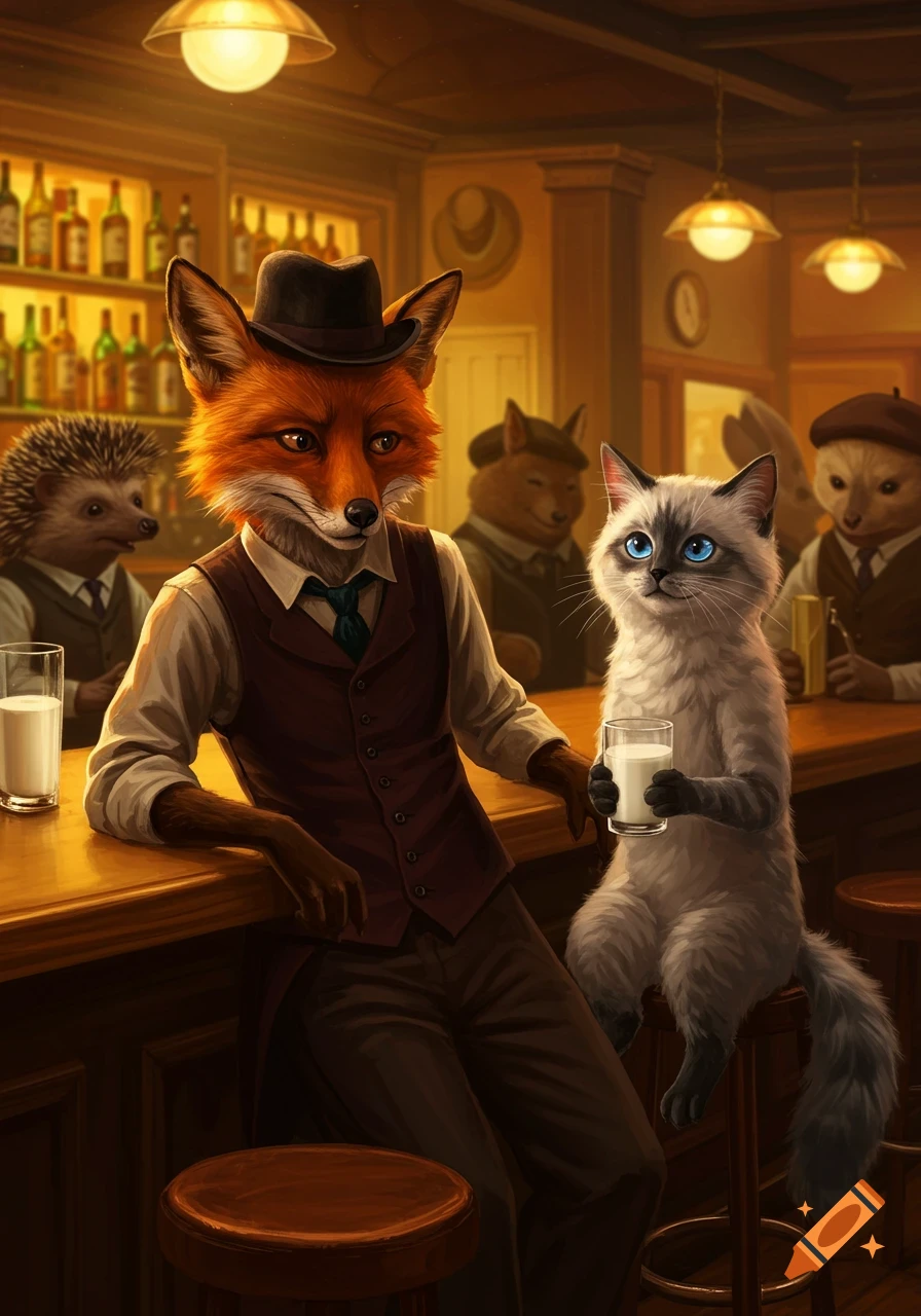 A fox in a hat and a cat drinking milk at a bar, with other anthropomorphic animals in the background.