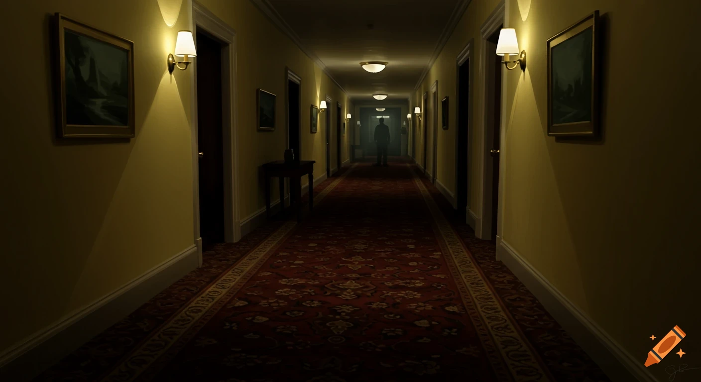 A dimly lit, long hotel hallway with red patterned carpet, wall sconces, paintings, and a silhouetted figure in the distance.