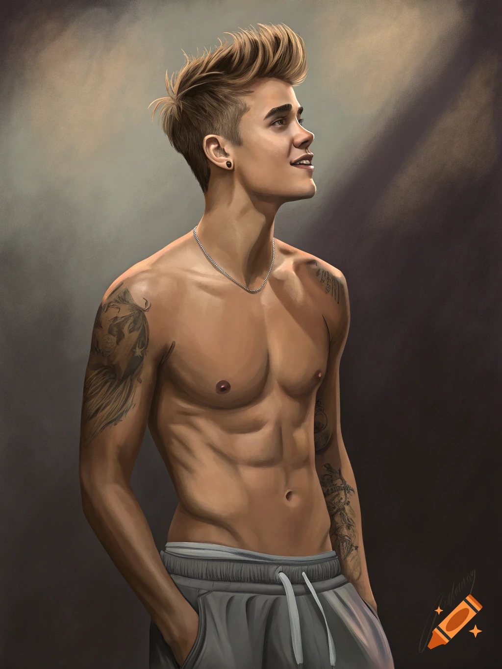 Digital painting of a shirtless Justin Bieber with tattoos and sweatpants, looking up.
