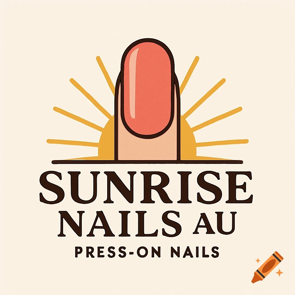 Logo for Sunrise Nails AU featuring a stylized finger with a pink nail over a sunrise icon with text 'SUNRISE NAILS AU' and 'PRESS-ON NAILS'.