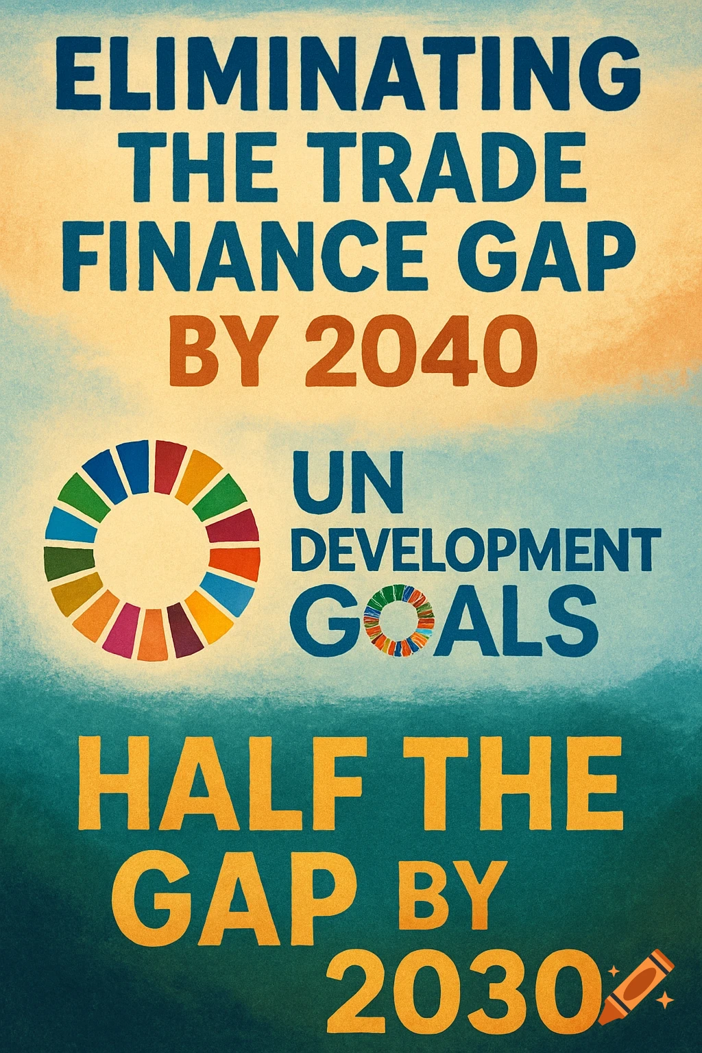 An informational poster with text 'Eliminating the Trade Finance Gap by 2040', 'UN Development Goals', and 'Half the Gap by 2030'. It features the colorful UN SDG wheel.