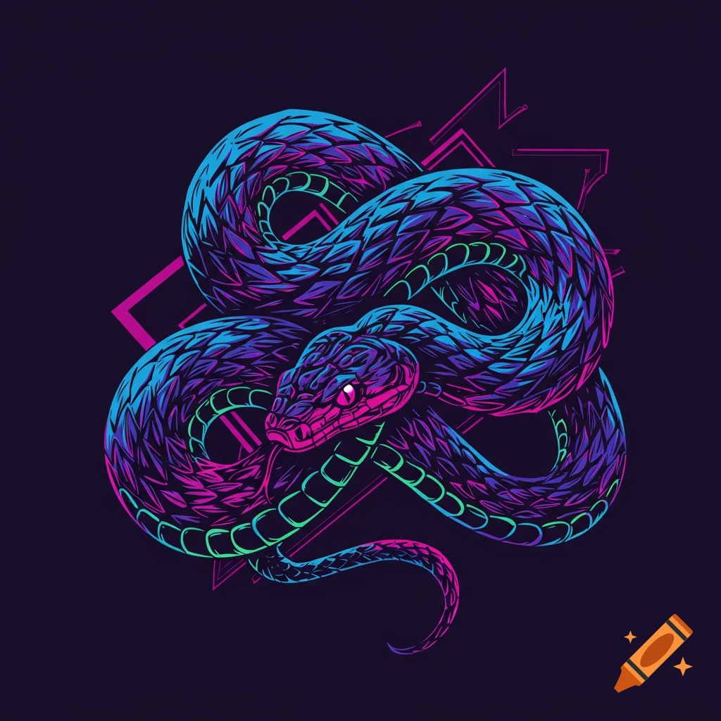 A coiled snake in vibrant blue, purple, pink, and green neon vector art style with abstract geometric shapes in the background.
