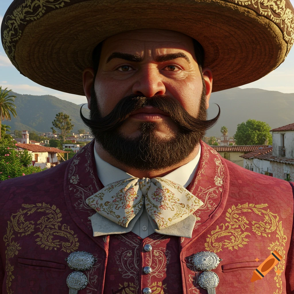 Photorealistic portrait of a man with a large mustache, beard, red charro suit, and sombrero against a Mexican village background.
