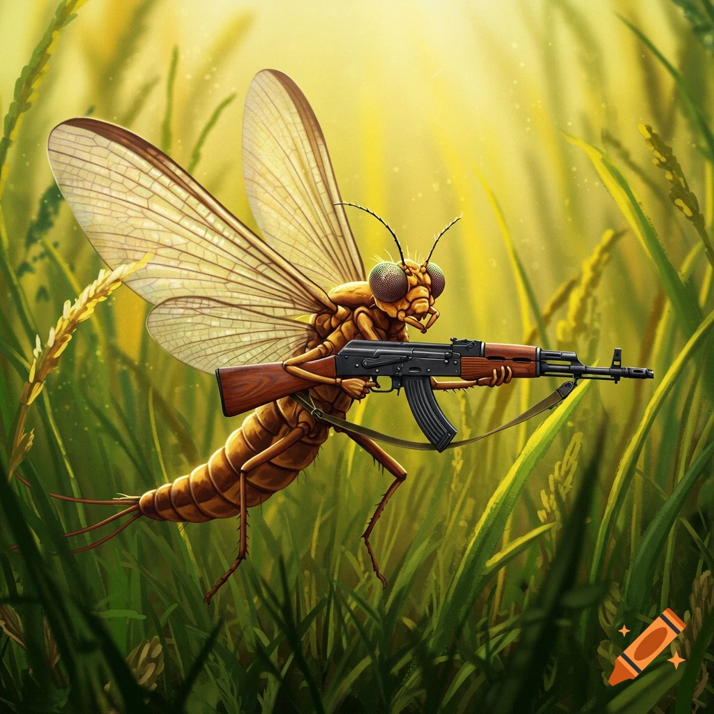 A detailed illustration of a mayfly holding an AK-47 assault rifle, standing in a lush green and golden grassy field.