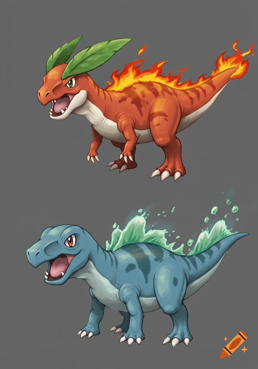 Two cartoon dinosaur-like fantasy creatures on a gray background: an orange fire type with flames and a blue water type with splashing water.