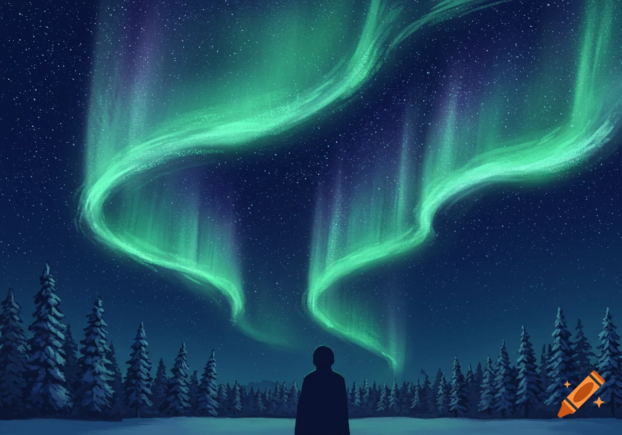 A person stands in a snowy forest looking up at vibrant green and purple Northern Lights in a dark night sky filled with stars.