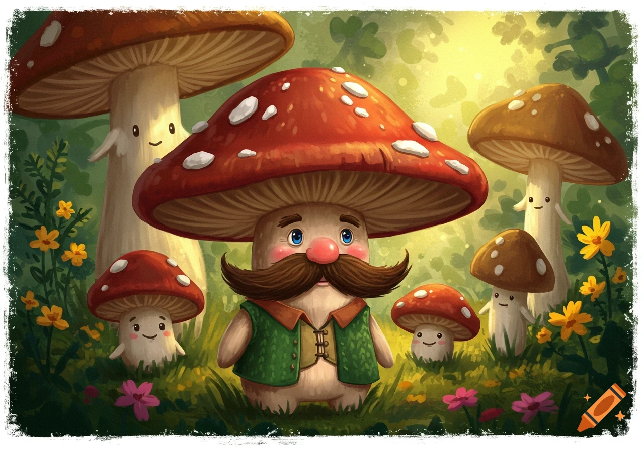 A whimsical illustration of a mushroom character with a large mustache and vest, surrounded by smaller smiling mushrooms and colorful flowers in a sunny forest.