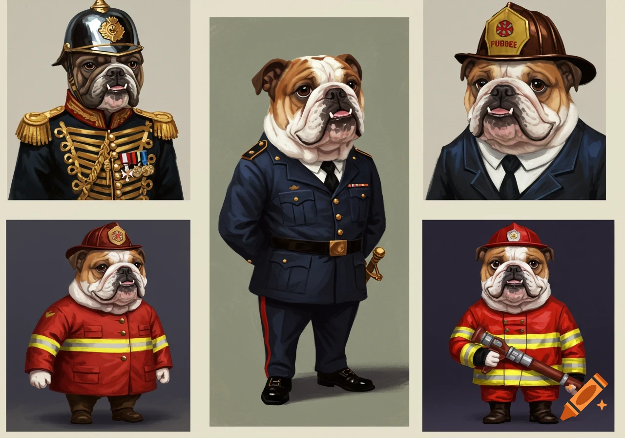 Five anthropomorphic bulldogs in various uniforms, including military, police, and firefighter attire, in a cartoon style.