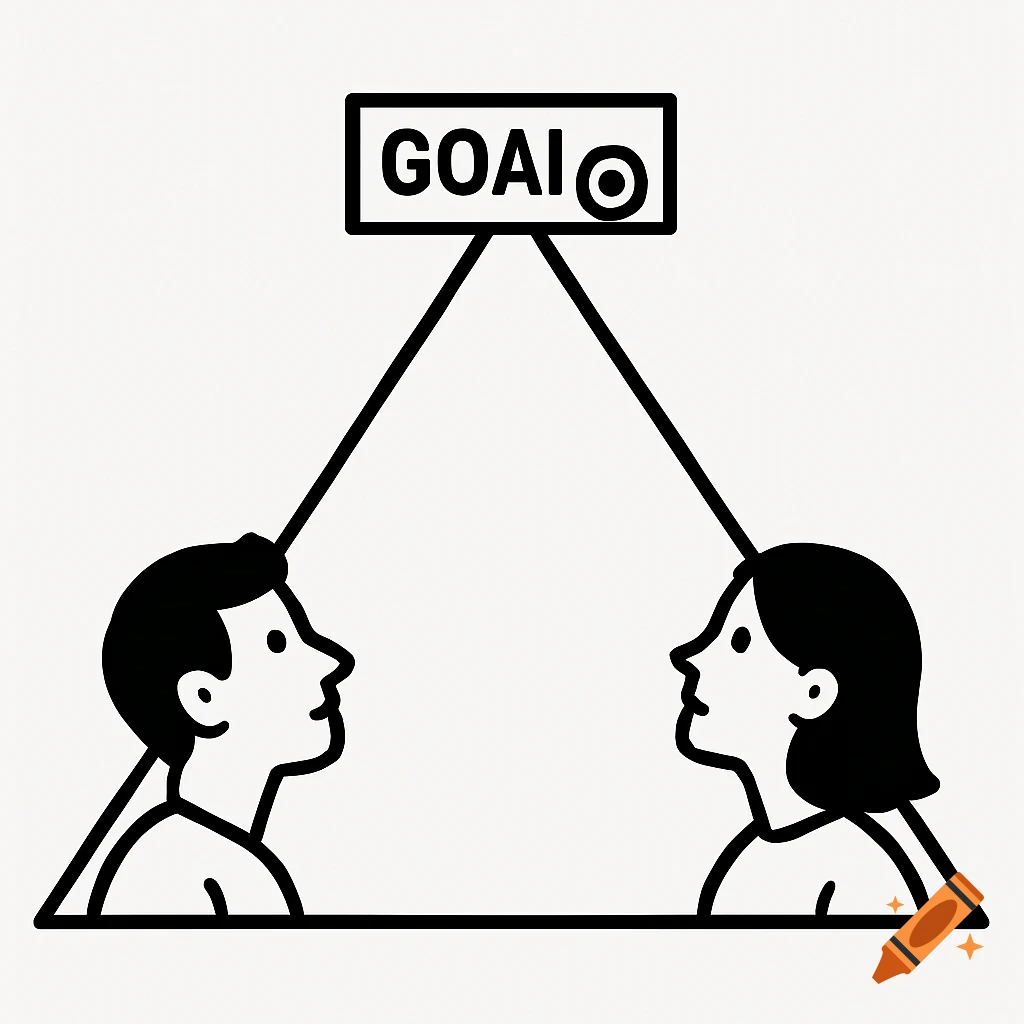 Minimalist illustration of a man and woman looking up at a 'GOAL' sign within a triangle.