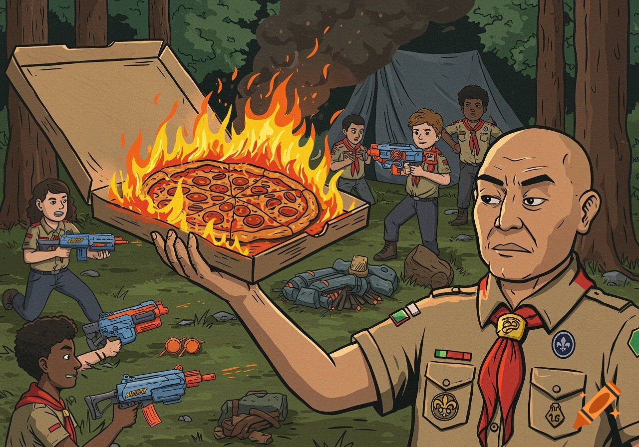 A bald scout leader holds a pizza box with a pizza on fire while scouts have a Nerf gun battle in a forest campsite, in a linocut illustration style.