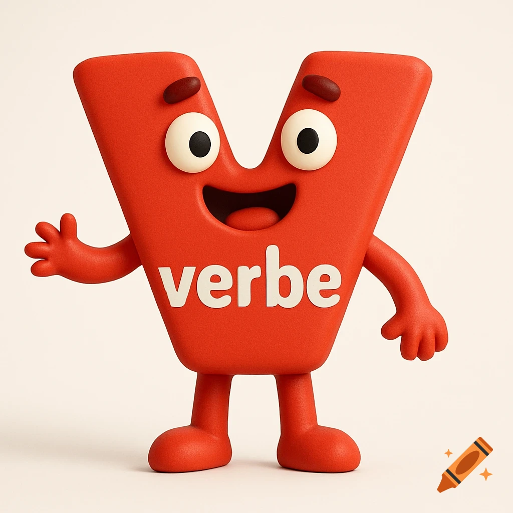 A red 3D cartoon character shaped like the letter V with a happy face, arms, and legs, featuring the word 'verbe' on its body.