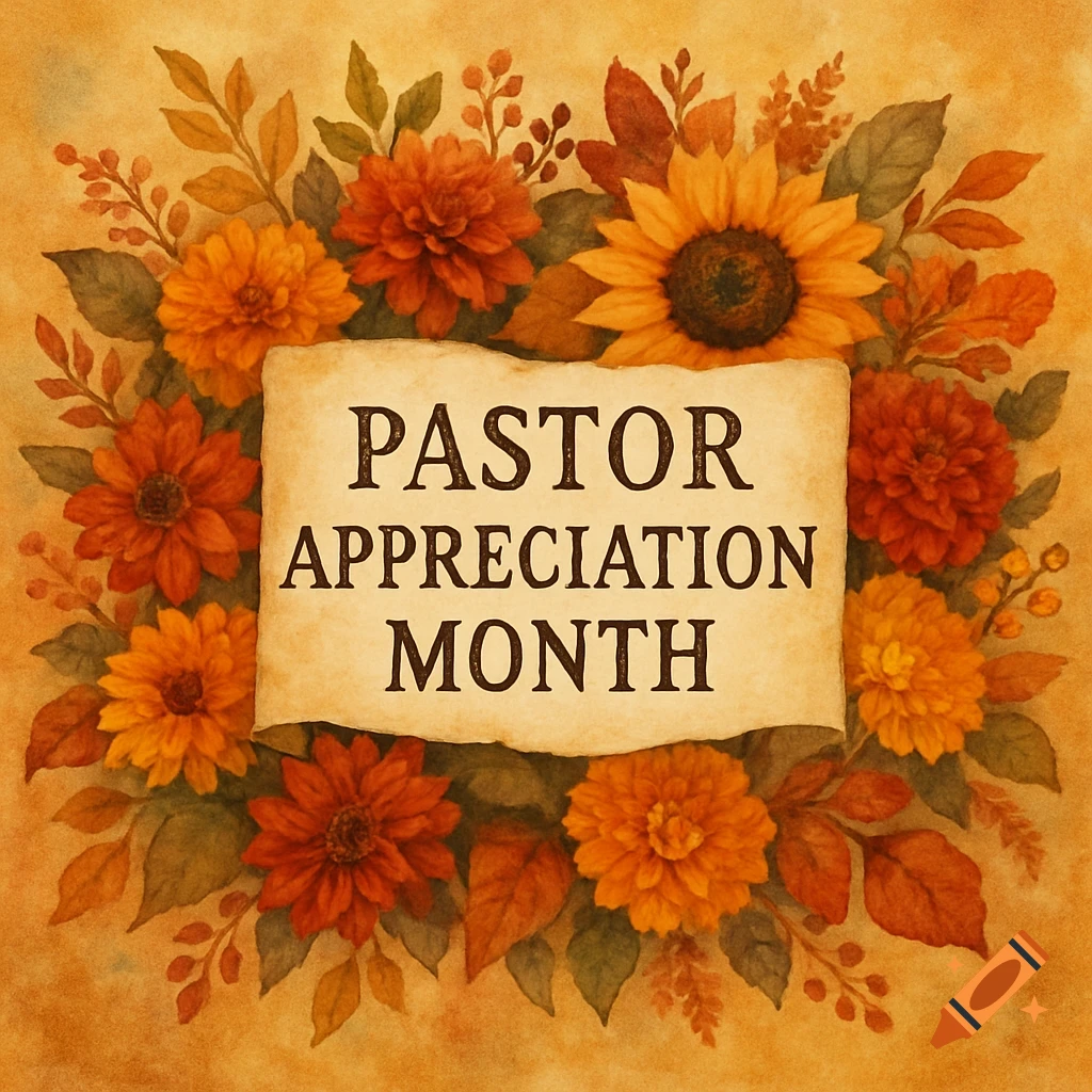 Watercolor illustration of a scroll with 'Pastor Appreciation Month' text, surrounded by autumn flowers and leaves.