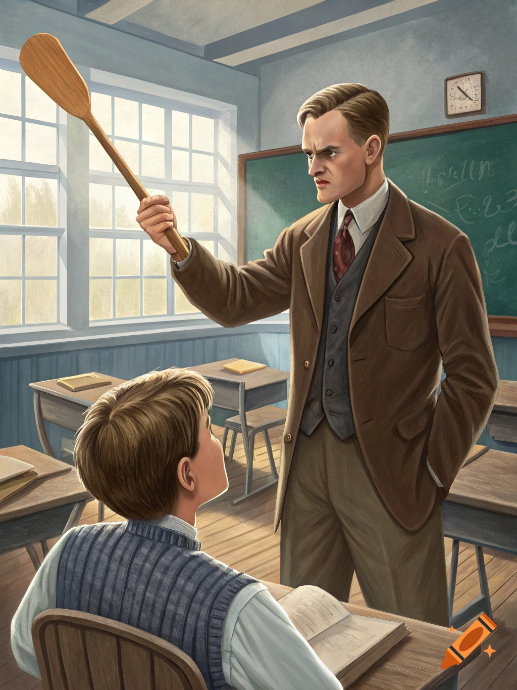 A stern male teacher holds a paddle over a student in a 1940s classroom