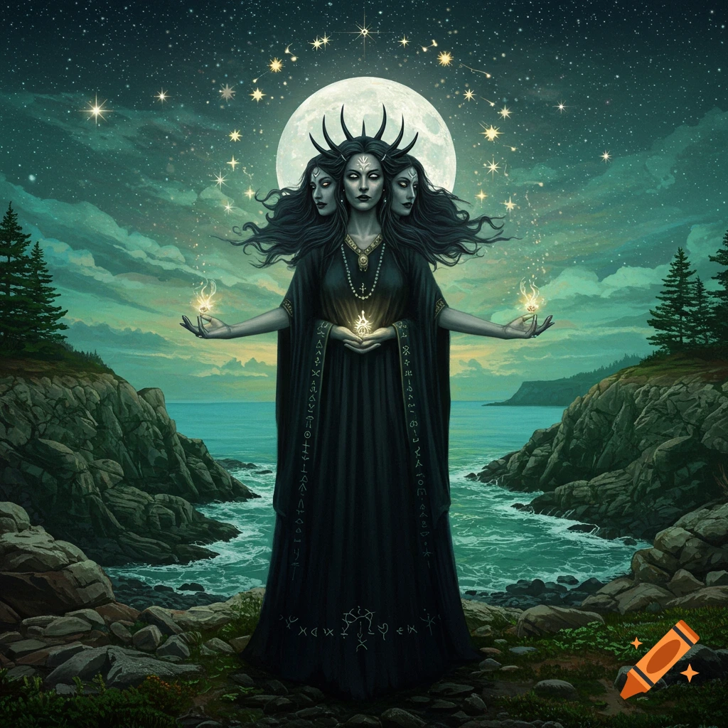 Three-headed Goddess Hekate with glowing orbs stands by a rocky coast under a starry night sky with a full moon.