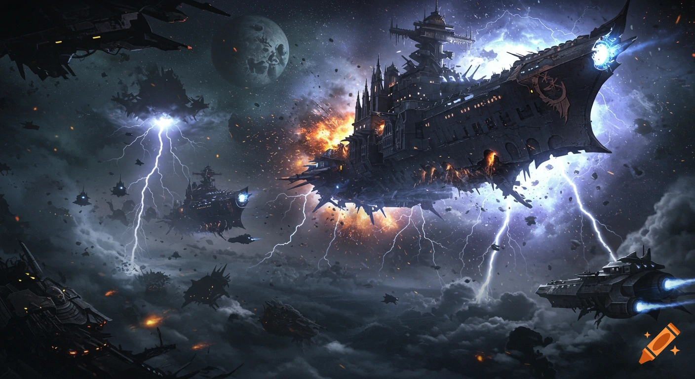 Colossal gothic-futuristic warships battle amidst lightning, explosions, and debris in deep space near a shattered moon.