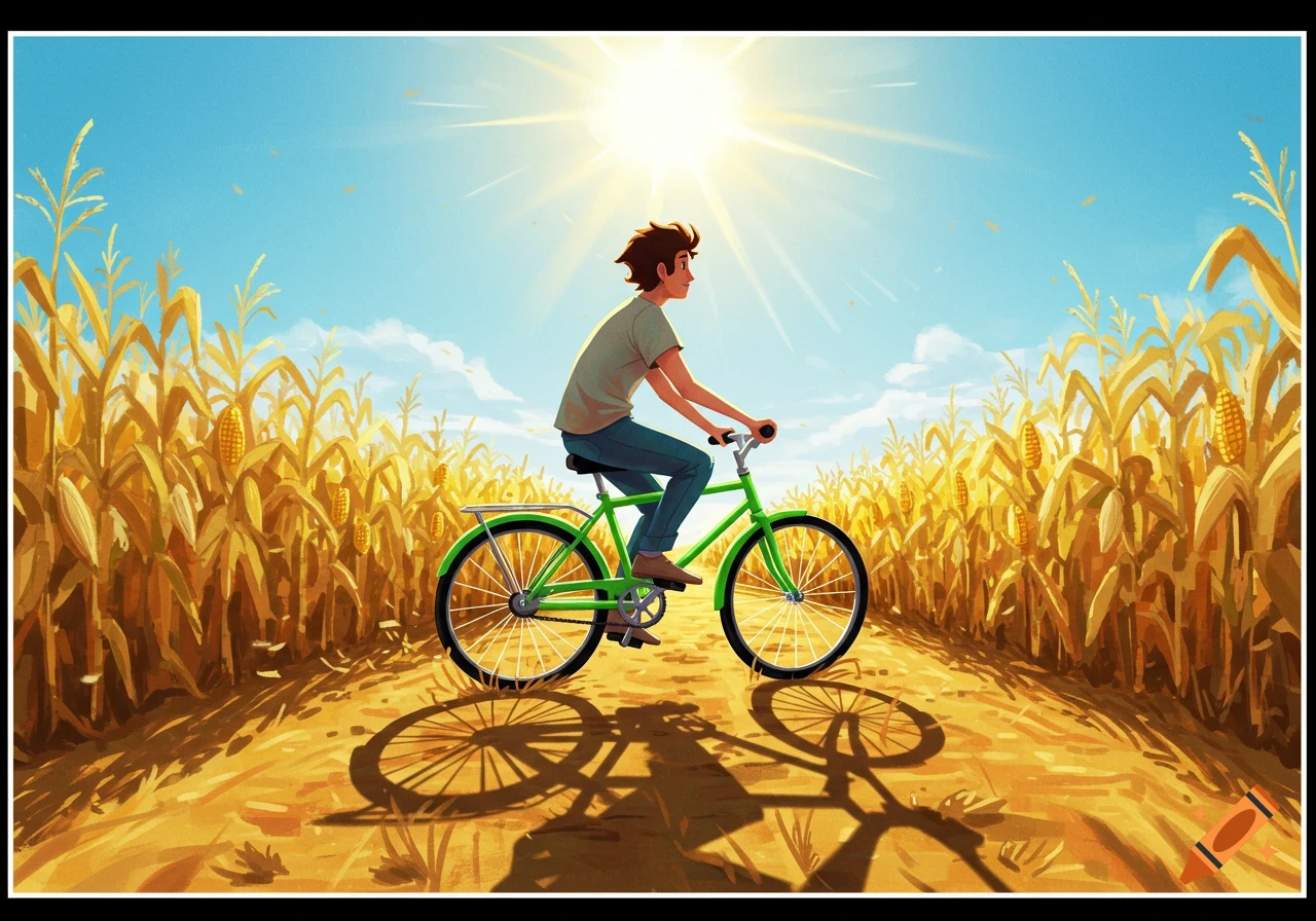 A young person rides a green bicycle down a dirt path through a golden cornfield under a bright sunny sky, in a vibrant illustration style.