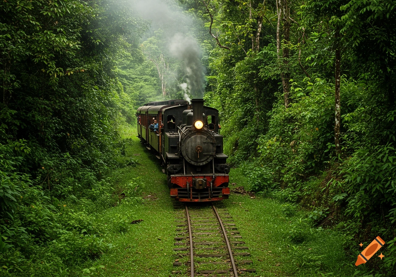 A dark steam locomotive emits smoke as it travels down railway tracks through a lush green jungle.