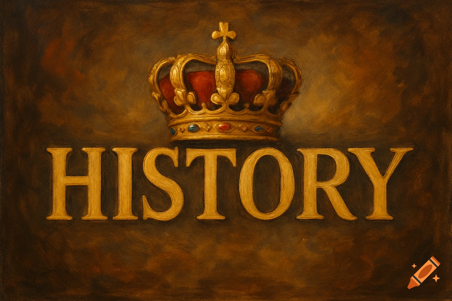 A golden crown sits above the word 'HISTORY' rendered in gold block letters on a dark, textured background.