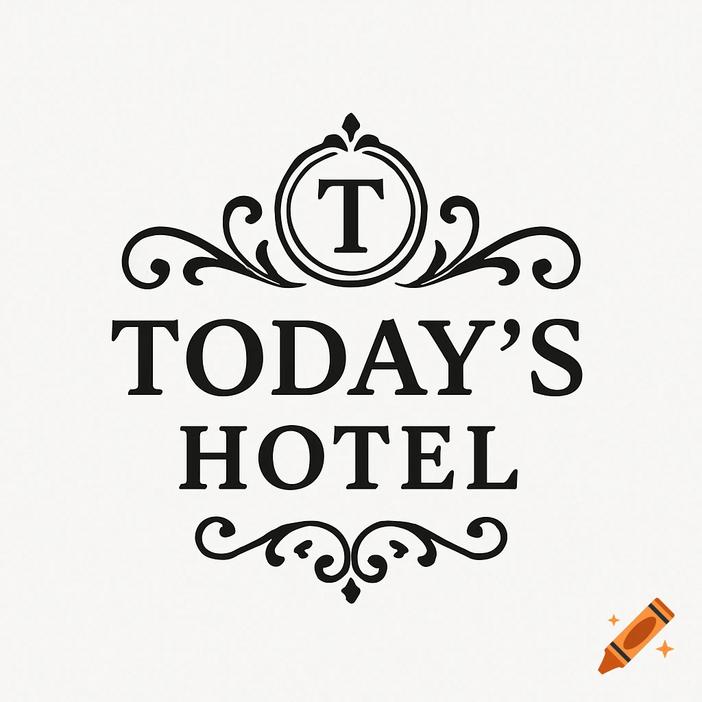 Black and white vintage-style logo for Today's Hotel, featuring ornate scrollwork and a prominent 'T' within a circular crest.