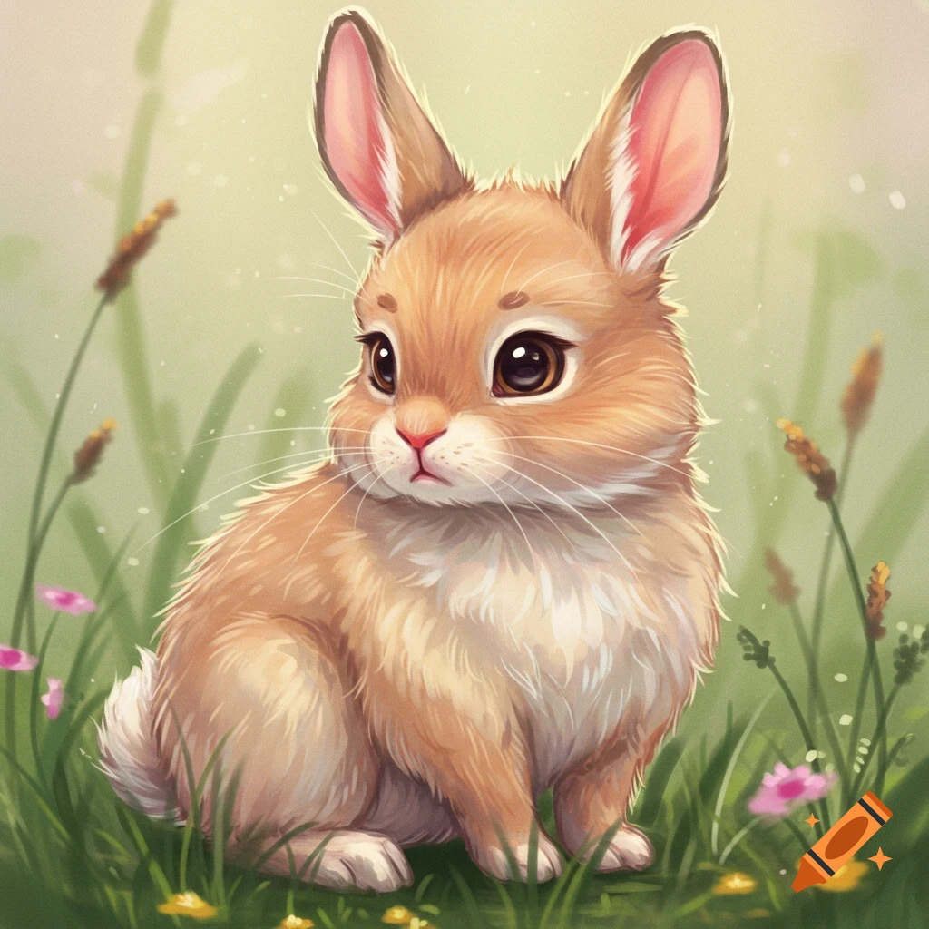 A cute, furry brown bunny with large eyes sits in a field of green ...