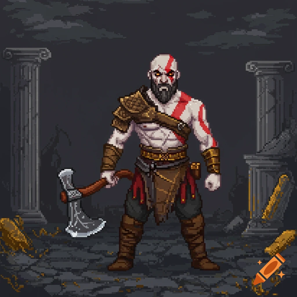 Pixel art rendering of Kratos, a bald, bearded man with red markings, holding an axe in a ruined temple.