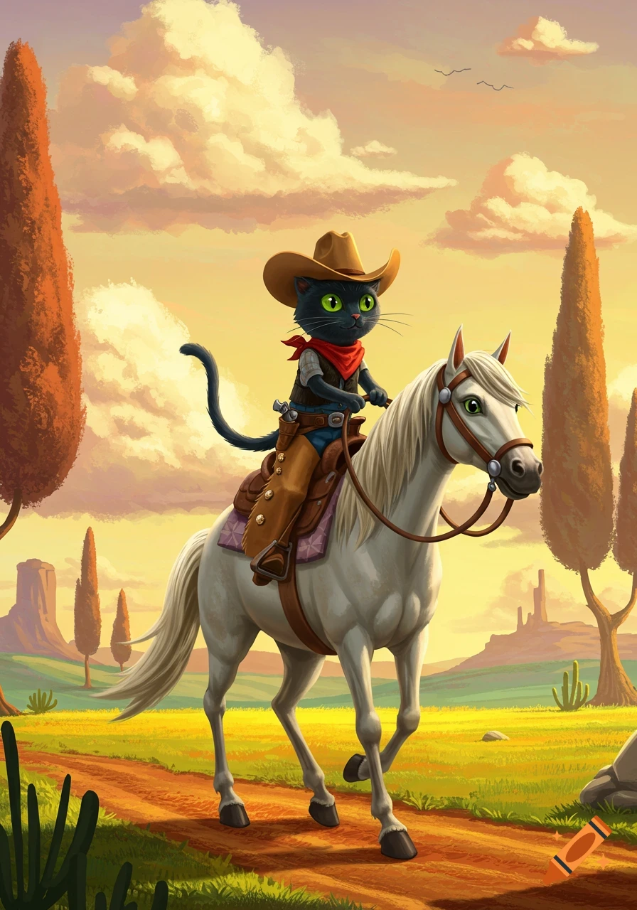 A cartoon black cat wearing a cowboy hat and red bandana rides a white horse through a Western landscape at sunset.