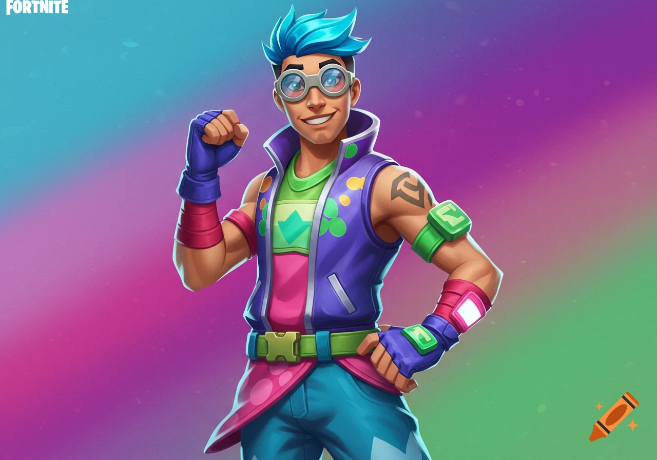 A vibrant, cartoonish male character with blue spiky hair, goggles, and colorful clothing, clenching a fist against a gradient background.