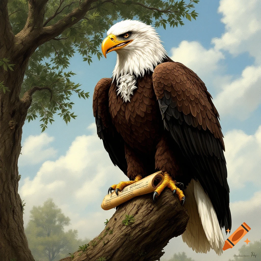A majestic bald eagle with white head and brown body perches on a tree branch, gripping a rolled scroll in its talons, under a partly cloudy sky.
