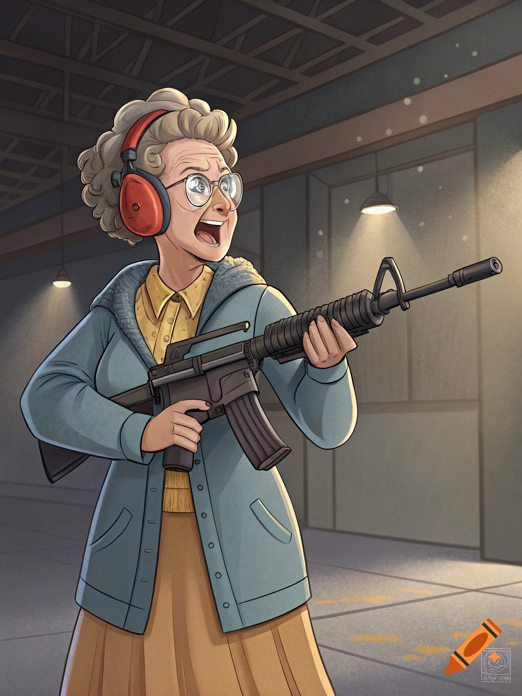 A cartoon illustration of an elderly woman resembling Mrs. Frizzle, with a surprised expression, wearing red ear protection and holding an AR-15 rifle at a shooting range.