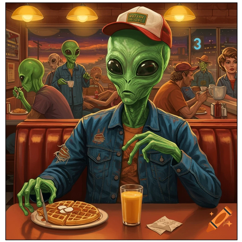 An alien in a blue denim jacket and red baseball cap sits at a diner booth with a waffle and orange juice, surrounded by other aliens and humans.