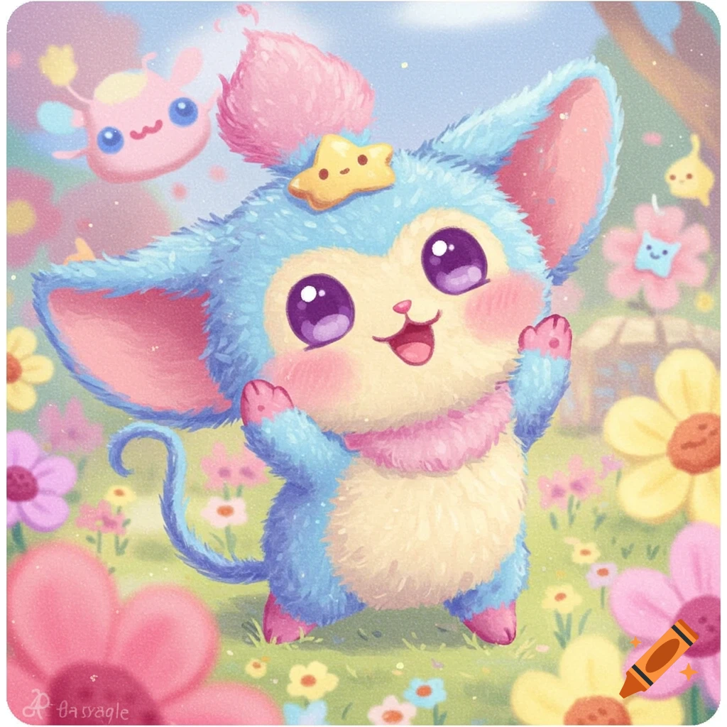 A fluffy blue and beige creature with big purple eyes and a star crown stands in a vibrant field of pastel flowers with other small creatures.