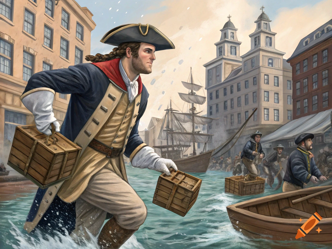 A man in 18th-century clothing wades through water, carrying wooden crates, amidst a historical scene with ships and buildings in the background.