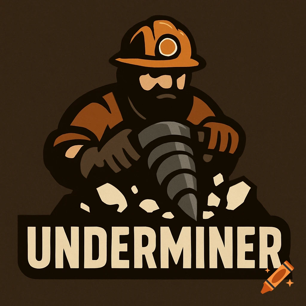 A stylized cartoon logo of a miner in a hard hat holding a drill, breaking rocks, with the word "UNDERMINER" below.