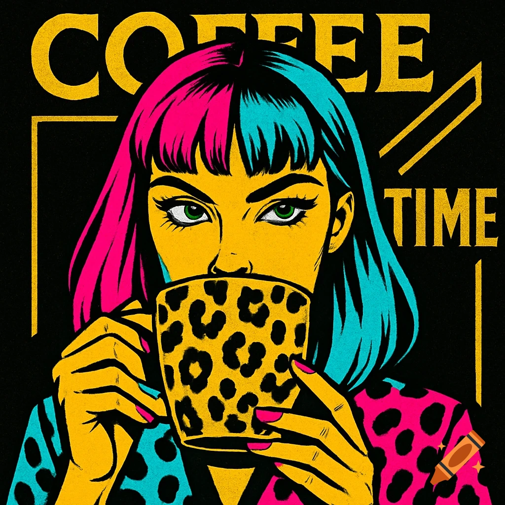 Pop art illustration of a woman with pink and blue hair drinking coffee from a leopard print mug, with 'COFFEE TIME' text.