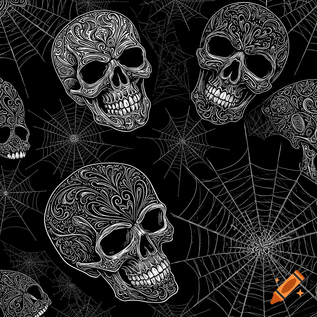 Seamless black and white pattern of ornate sugar skulls and spiderwebs in an old-school pinstripe style.