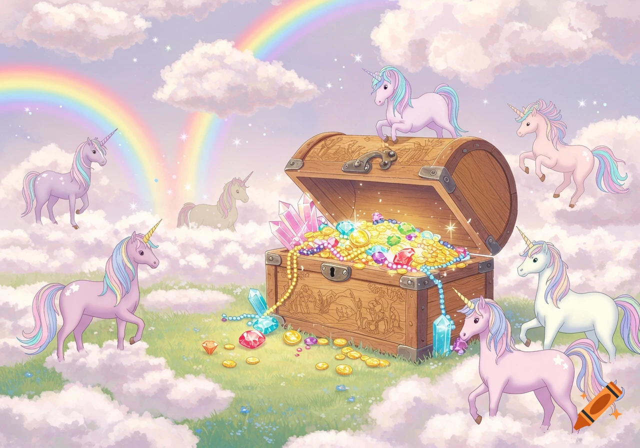 Illustrative image of colorful unicorns surrounding an open treasure chest filled with gold and jewels amidst clouds and rainbows in a fantasy sky.