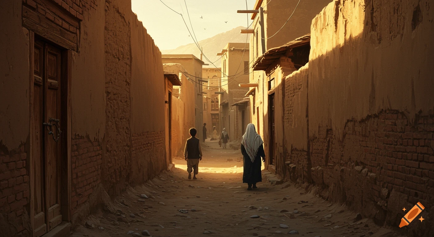 A narrow, sunlit alley in an old Afghan neighborhood with mud-brick walls and two figures walking away.