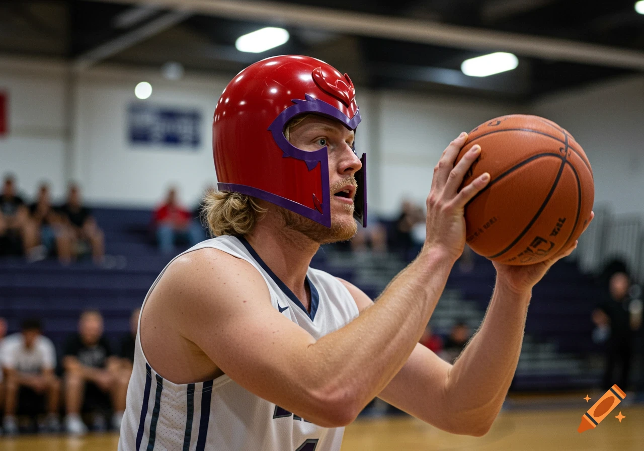A man wearing a red Magneto helmet holds a basketball on a court, looking intently.