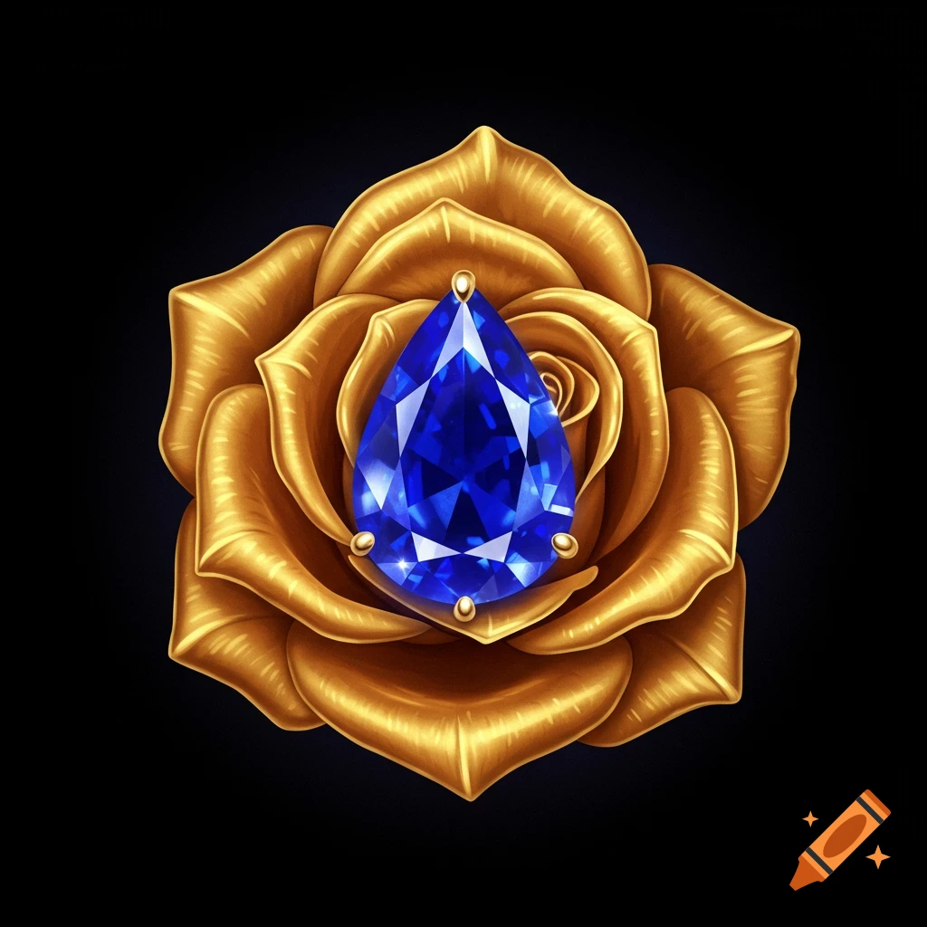 A vibrant blue teardrop-shaped sapphire gem set in the center of a detailed golden rose, against a black background.