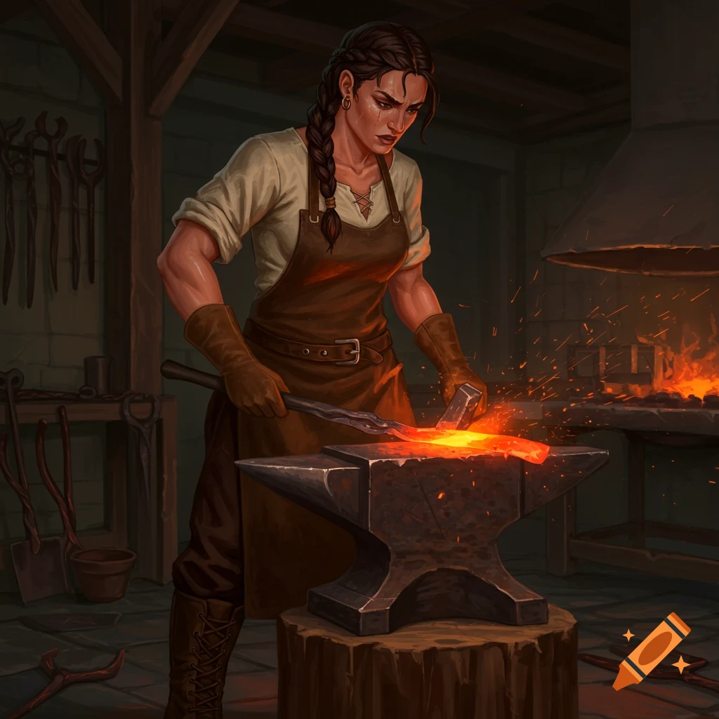 A female blacksmith in an apron and gloves hammers a glowing metal bar on an anvil in a fiery workshop, digital art.